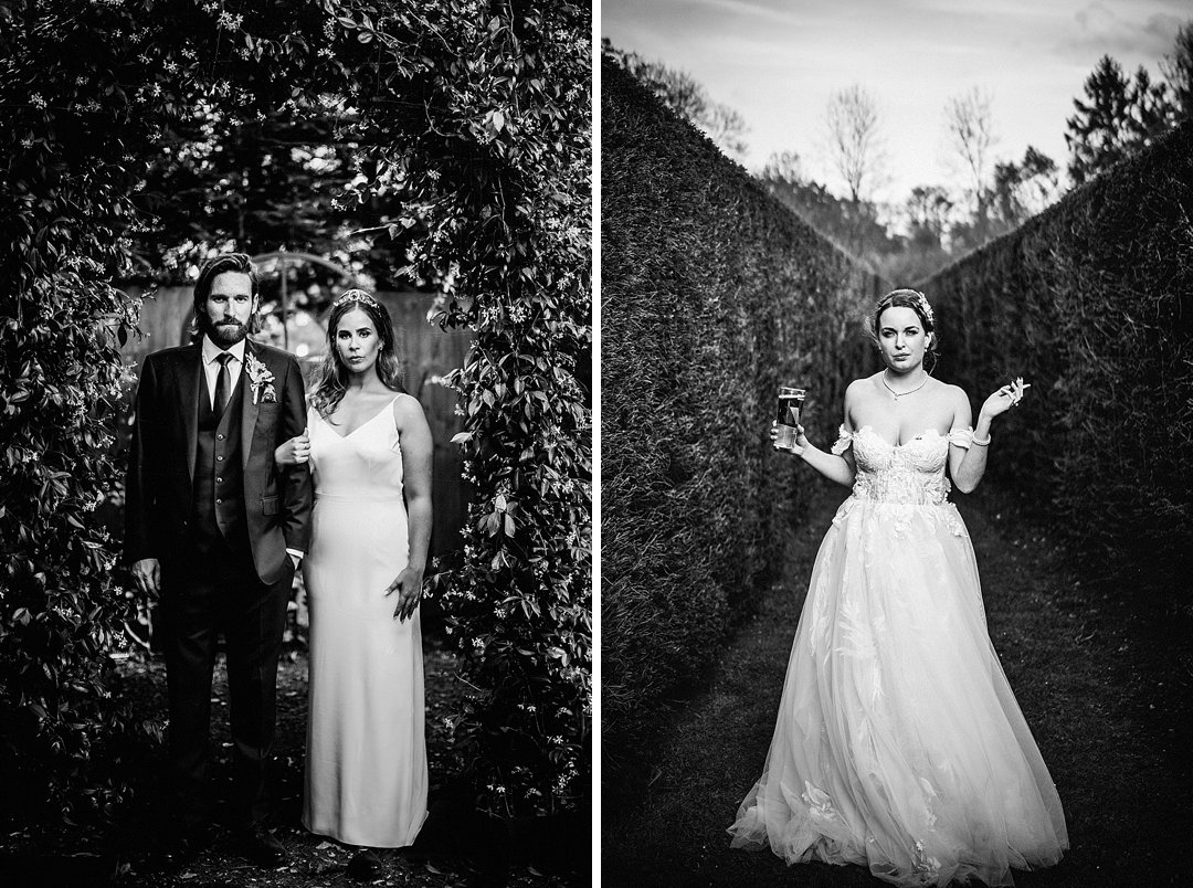 2 alternative wedding portraits side by side. one of a couple beneath an arch of foliage and the other of a bride holding a pint of beer and smoking a cigarette 
