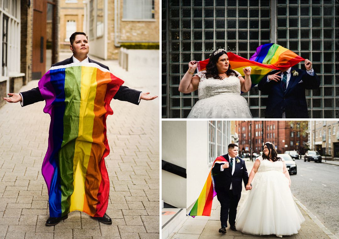 3 wedding portraits with the pride flag for a same sex couple after their London wedding
