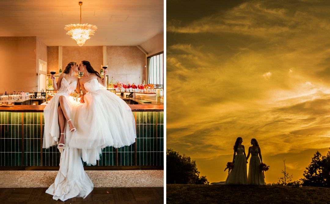 Sunset wedding portrait of newlyweds at Limekiln Sussex